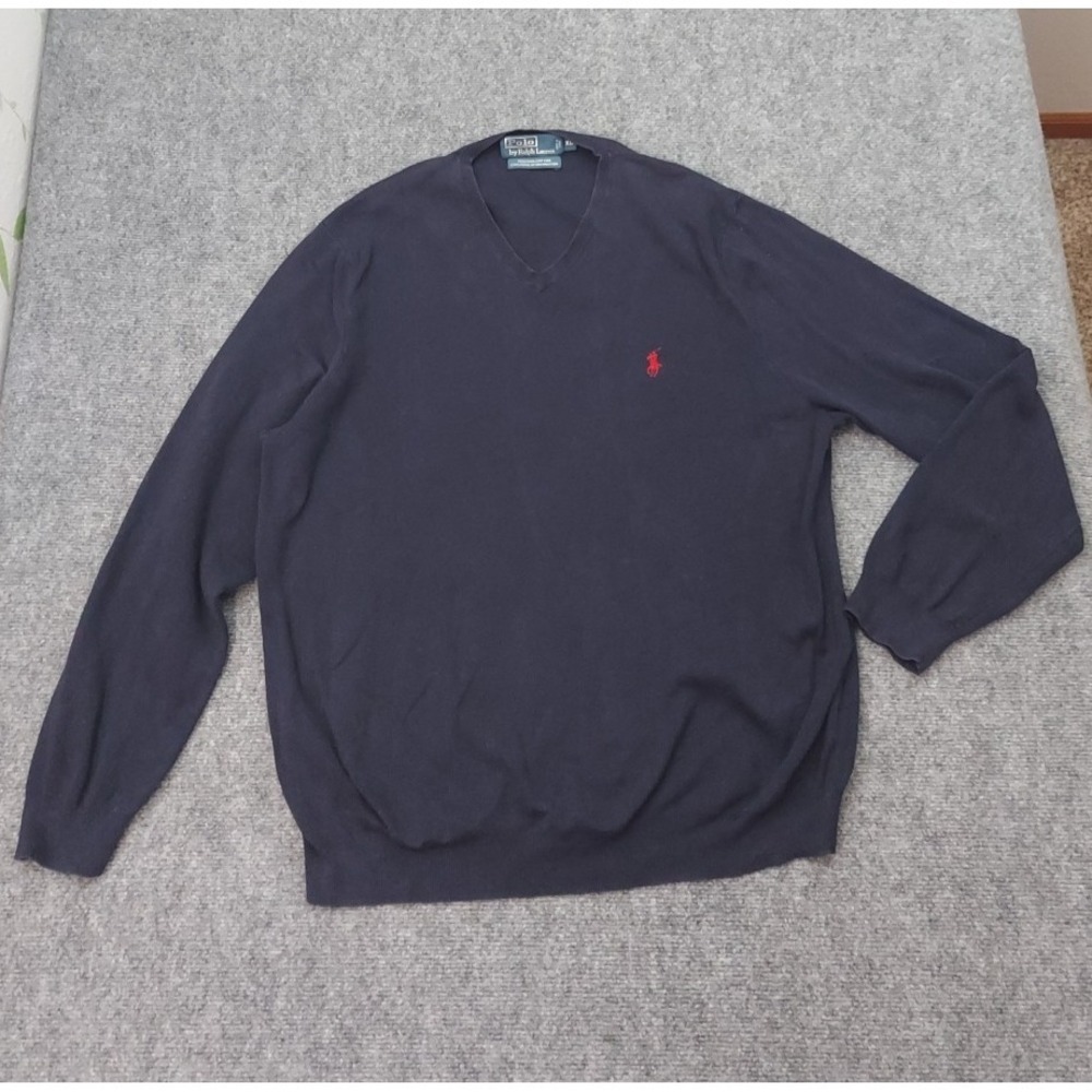 Vtg Polo Ralph Lauren‎ Sweater Mens XL Blue V Neck Pullover Pony Pima Cotton